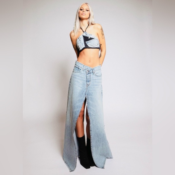 NWT. REVICE Brooklyn Skirt / Long Weekend. Light Wash Denim Maxi Slit Skirt. - Picture 6 of 7